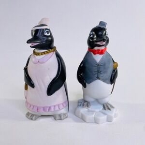 Vintage 1984 Aldon Porcelain Penguin Figurine Set Bell Tuxedo Pink Dress 5 Inch